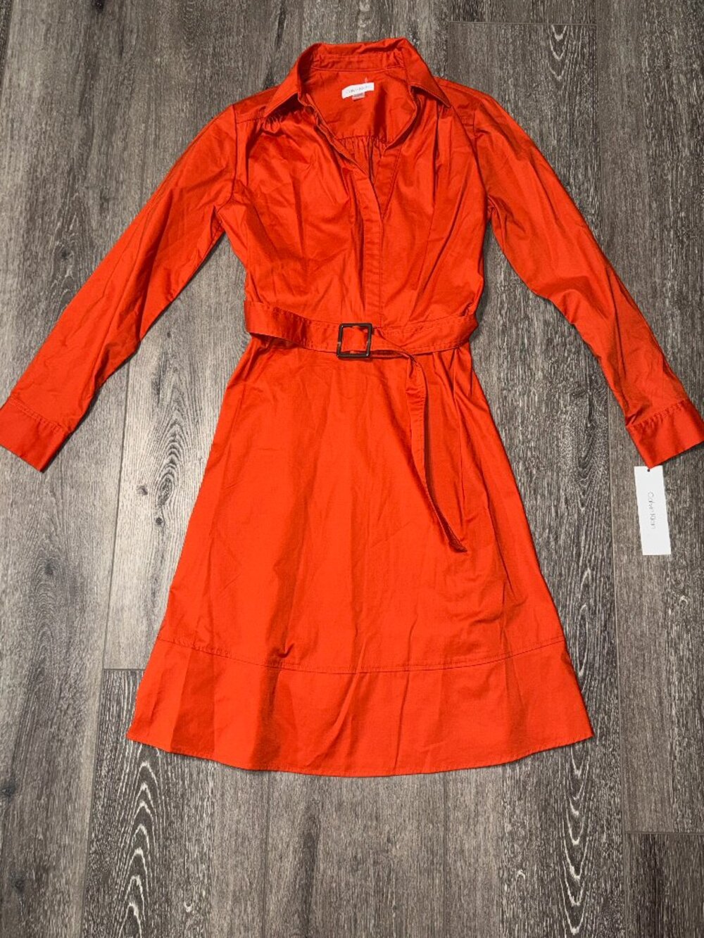 CALVIN KLEIN WOMENS ORANGE RED SHIRT DRESS BELTED COLLARED SIZE 4 NWT BRAND NEW
